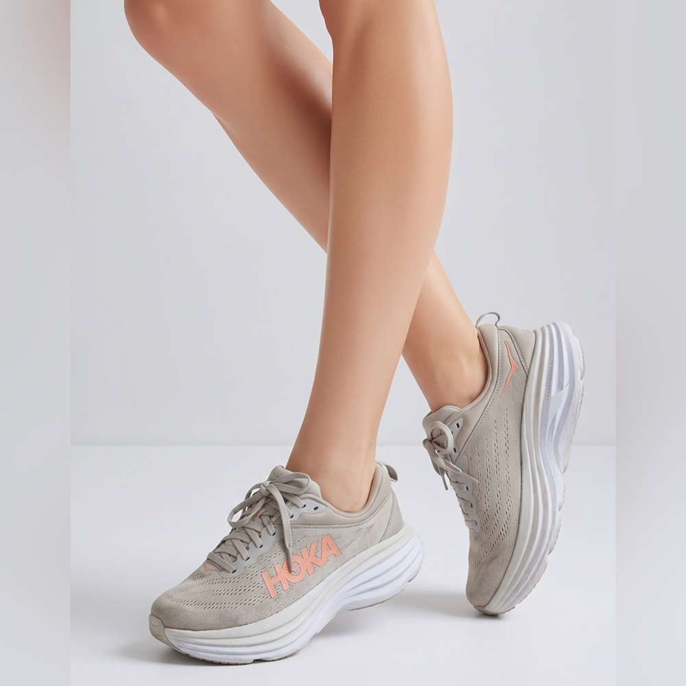 ⚡ HOKA ONE ONE Bondi 8 Women’s Running Shoes | Gray & Peach | Size 7B